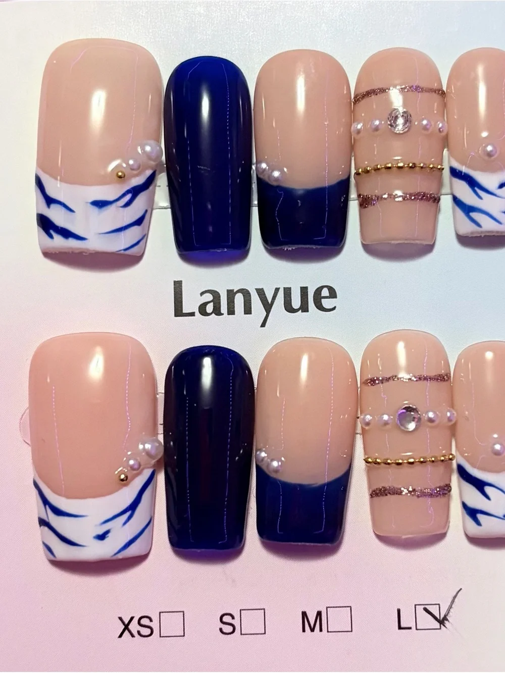 Nude & Navy Pearl Accent Press-On Nails